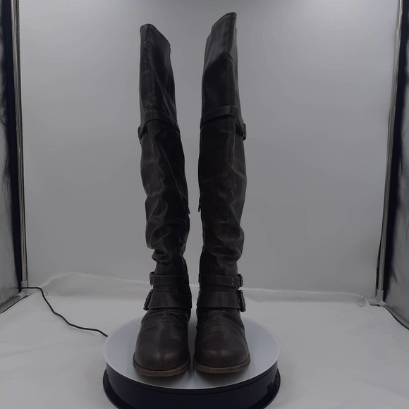 Just Fab Catlia GrayBrown Strappy Buckle inside zip knee high riding boots 7 - Picture 3 of 9